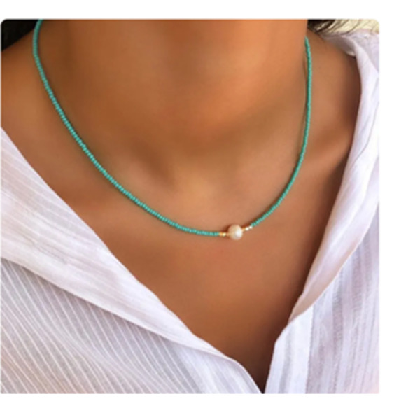 Madam P Jewelry - Madam P Choker 16"Turquoise Pearl Seebead Necklace
